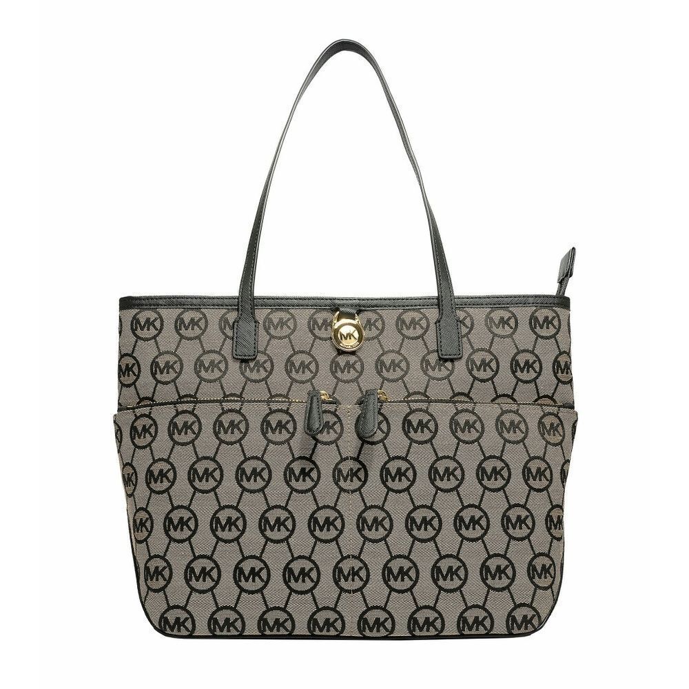New! MICHAEL KORS MK Logo Black Monogram Medium Tote Handbag Bag